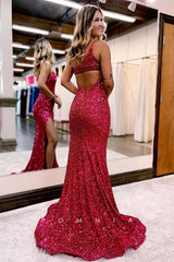 P1064 - One Shoulder Sleeveless Full Sequins Side Slit Formal Party Prom Dress