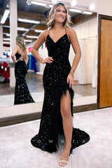 P1065 - Spaghetti Straps V-Neck Sequins Feathers Prom Formal Party Dress with Split