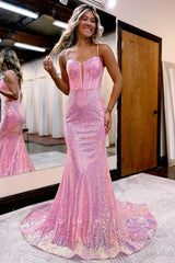 P1067 - Glitter Straps Deep V-Neck Sequins Mermaid Prom Party Formal Dress