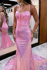 P1067 - Glitter Straps Deep V-Neck Sequins Mermaid Prom Party Formal Dress