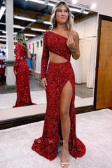 P1069 -  Sheath/Column One Shoulder Sequins Prom Party Formal Dress with Sleeves