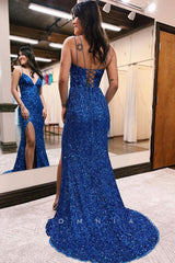 P1070 - Spaghetti Straps V-Neck Sequins Sleevelesss Party Prom Formal Dress with Split
