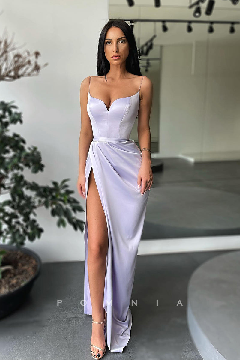 P1074 - Simple Spaghetti Strap V-Neck Pleats Prom Party Formal Dress with Slit