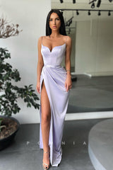 P1074 - Simple Spaghetti Strap V-Neck Pleats Prom Party Formal Dress with Slit