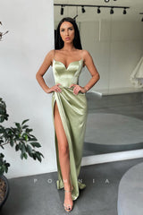 P1074 - Simple Spaghetti Strap V-Neck Pleats Prom Party Formal Dress with Slit