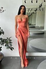 P1074 - Simple Spaghetti Strap V-Neck Pleats Prom Party Formal Dress with Slit