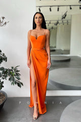 P1074 - Simple Spaghetti Strap V-Neck Pleats Prom Party Formal Dress with Slit