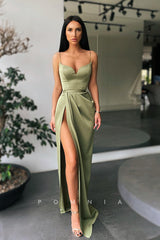P1074 - Simple Spaghetti Strap V-Neck Pleats Prom Party Formal Dress with Slit