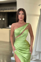 P1075 - One Shoulder Pleats Side Slit Sleeveless Satin Prom Party Formal Dress