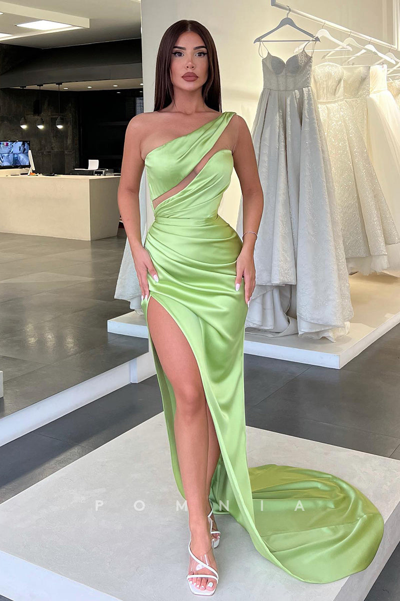 P1075 - One Shoulder Pleats Side Slit Sleeveless Satin Prom Party Formal Dress
