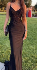 Sheath/Column Elastic Woven Satin Applique V-neck Sleeveless Black Prom Dress P1076