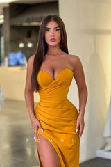 P1078 - Strapless Sweetheart Pleats Side Slit Sleeveless Prom Party Formal Dress