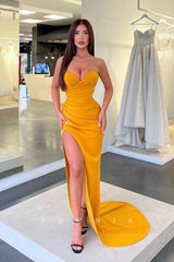 P1078 - Strapless Sweetheart Pleats Side Slit Sleeveless Prom Party Formal Dress