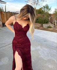 Burgundy Long Mermaid Prom Dresses Leg Split Formal Evening Dress P1078