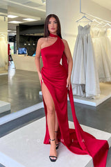 P1079 - Classy One Shoulder Satin High Slit Satin Party Prom Formal Dress