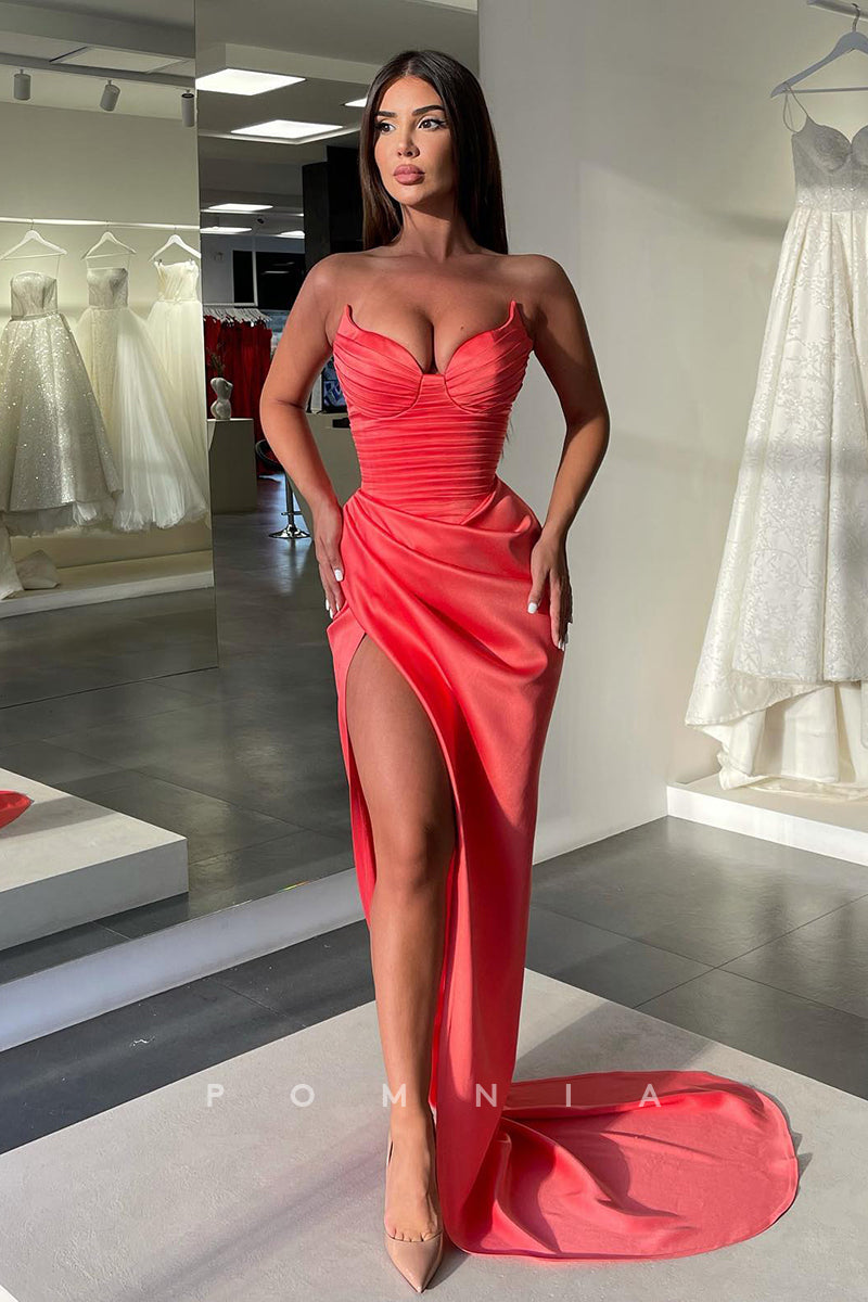 P1080 - Off-Shoulder V-Neck Sleeveless Pleats Side Slit Prom Formal Party Dress