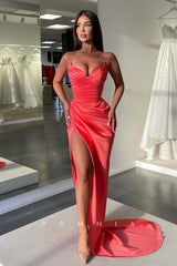 P1080 - Off-Shoulder V-Neck Sleeveless Pleats Side Slit Prom Formal Party Dress