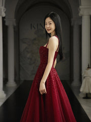 Burgundy Prom Dresses A line Straps Tulle Evening Dresses P1081