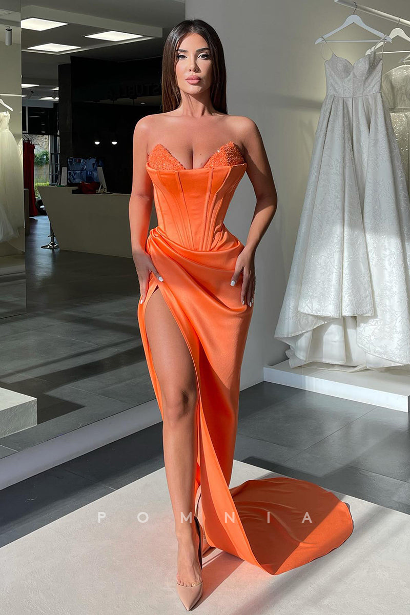 P1081 - Strapless V-Neck Top Beads Pleats Prom Party Formal Dress with Slit