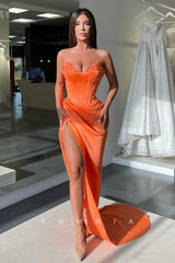 P1081 - Strapless V-Neck Top Beads Pleats Prom Party Formal Dress with Slit
