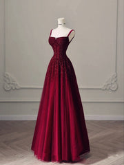 Burgundy Prom Dresses A line Straps Tulle Evening Dresses P1081