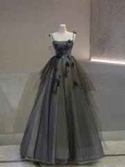 Ball Gown Straps Gray Tulle Long Prom Dress Evening Dresses P1082