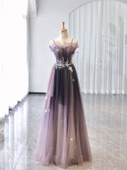 A line Straps Tulle Long Prom Dress Evening Dresses P1086