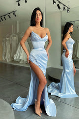 P1087 - Strapless V-Neck Top Sequins Side Slit Prom Party Formal Dress