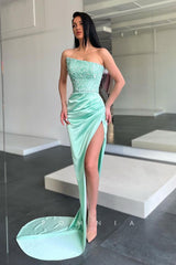 P1090 - Strapless Top Sequins Sleeveless High Slit Prom Party Formal Dress