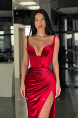 P1092 - Sexy/Hot Straps V-Neck Pleats Velvet Prom Party Formal Dress with Slit