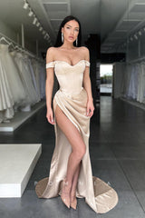 P1094 - Strapless Sweetheart Cap Sleeves Pleats Prom Party Formal Dress with Slit