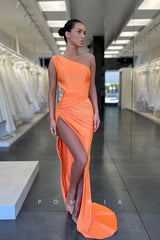 P1095 - One Shoulder Pleats Sleeveless High Slit Satin Party Formal Prom Dress