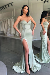 P1096 - Strapless V-Neck Sleeveless Side Slit Button Prom Party Formal Dress