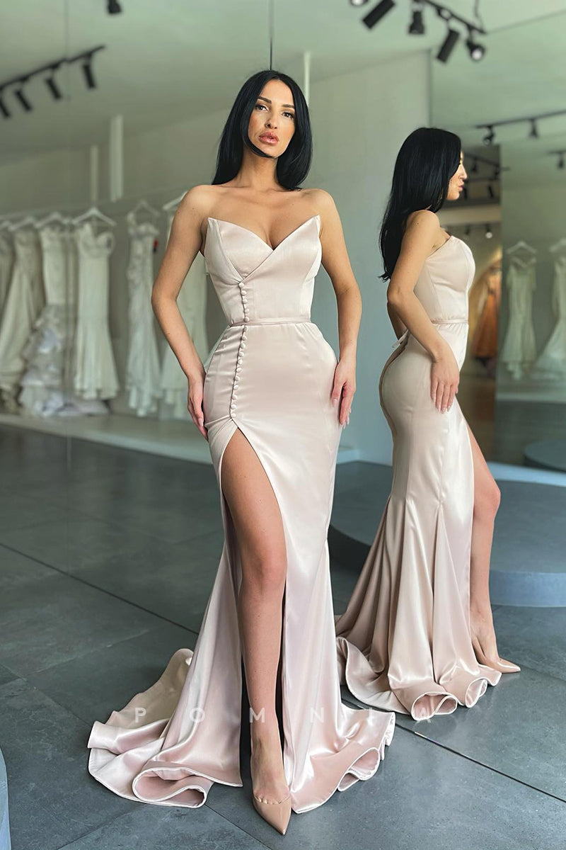 P1096 - Strapless V-Neck Sleeveless Side Slit Button Prom Party Formal Dress