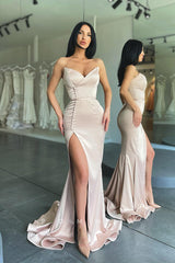 P1096 - Strapless V-Neck Sleeveless Side Slit Button Prom Party Formal Dress