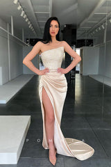 P1097 - Off-Shoulder High Slit Top Beads Sleeveless Party Formal Prom Dress