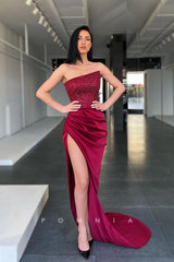 P1097 - Off-Shoulder High Slit Top Beads Sleeveless Party Formal Prom Dress