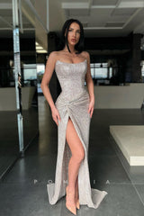 P1098 - Glitter Strapless Scoop Pletas Full Sequins Prom Party Formal Dress with Slit