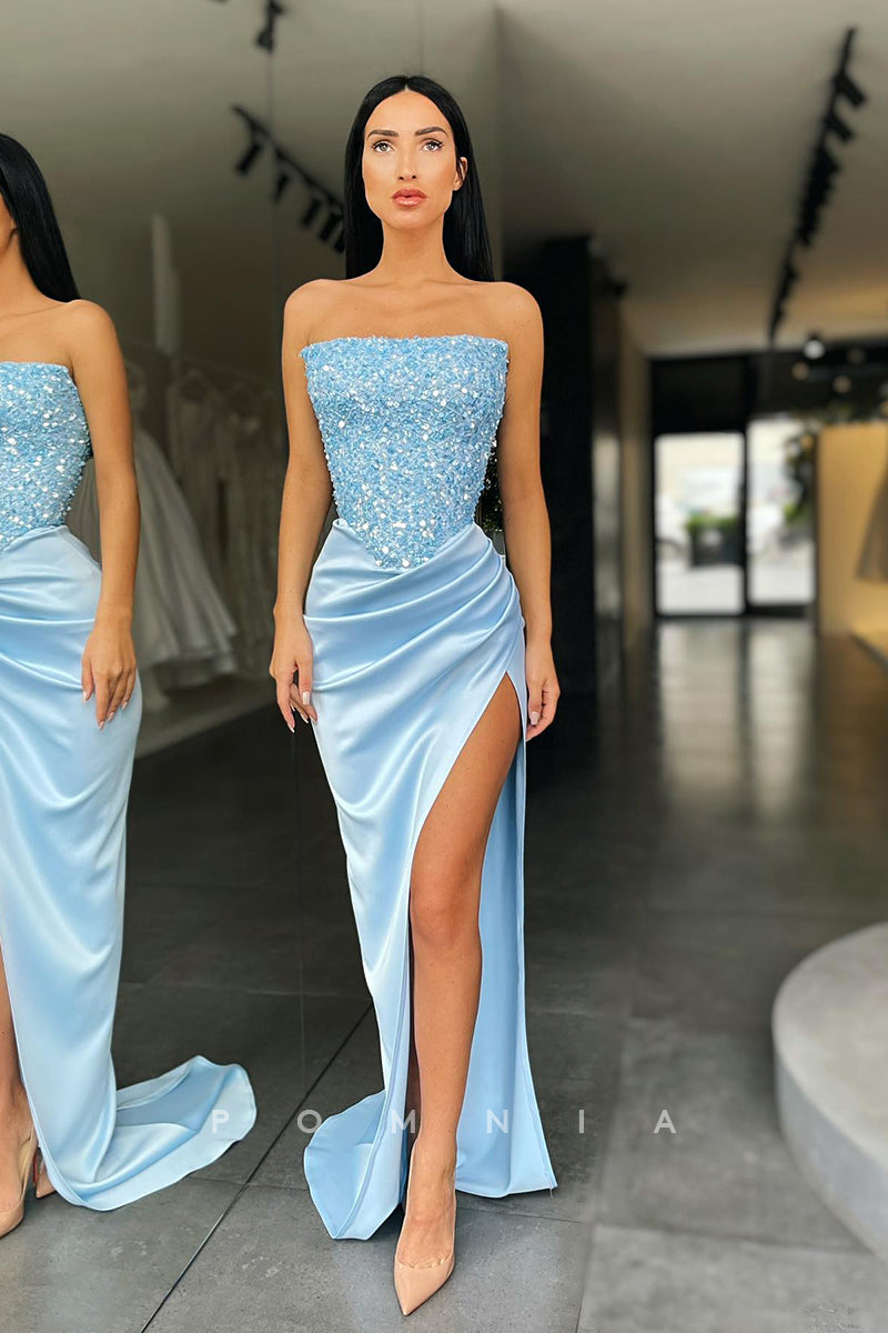 P1101 - Off-Shoulder Square Top Sequins Pleats Prom Party Dress with Split