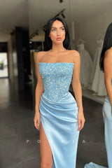 P1101 - Off-Shoulder Square Top Sequins Pleats Prom Party Dress with Split