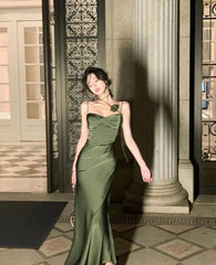 Mermaid Straps Satin Green Prom Dresses Formal Evening Dress P1102