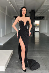 P1102 - Sexy/Hot Strapless V-Neck Pleats Side Slit Prom Party Formal Dress