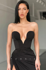 P1102 - Sexy/Hot Strapless V-Neck Pleats Side Slit Prom Party Formal Dress