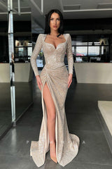 P1104 - Sparkly Long Sleeves Full Sequins Pleats Prom Party Dress with Slit