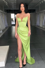 P1105 - Strapless V-Neck Pleats High Slit Satin Long Prom Party Dress
