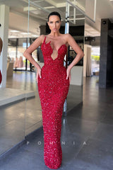 P1106 - Glitter Deep V-Neck Sequins Sleeveless Party Dance Prom Dress