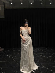 Sheath Off The Shoulder Sequin Long Prom Dresses Slit Formal Dress P1106