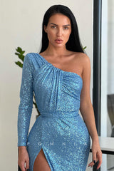 P1108 - One Shouldre Full Sequins High Slit Long Prom Party Dress with Sleeves