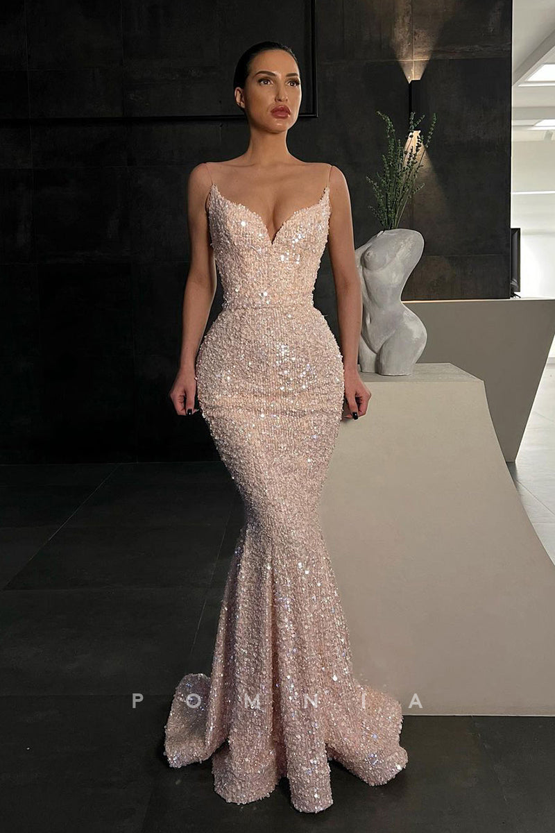 P1109 - Spaghetti Straps V-Neck Sequined Sleeveless Mermaid Party Prom Dress
