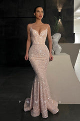 P1109 - Spaghetti Straps V-Neck Sequined Sleeveless Mermaid Party Prom Dress